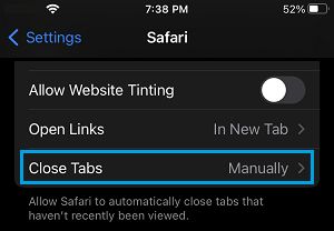 Close Safari Tabs Settings on iPhone