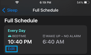 Edit Sleep Schedule Option on iPhone