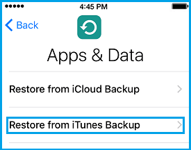 Restore from iTunes Backup Option on Apps & Data Screen