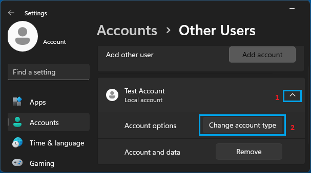 Change Account Type Option on Windows Settings Screen