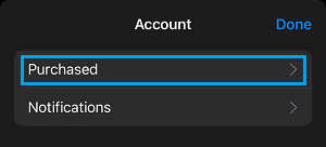 Purchased Tab on App Store Account Screen on iPhone
