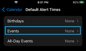 Default Calendar Alert Times Setting Option on iPhone