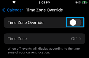 Disable Time Zone Override For Calendar Event on iPhone