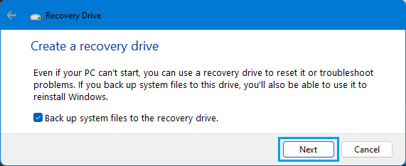 Start Windows Recovery Drive Process