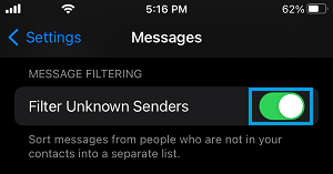 Filter Unknown Senders Option On iPhone