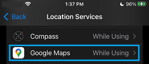 Google Maps on iPhone Location Services Settings Screen