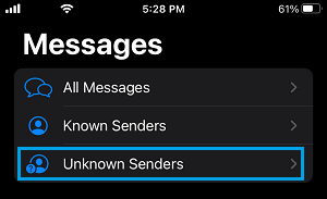 Open Unknown Senders Tab On Messages App