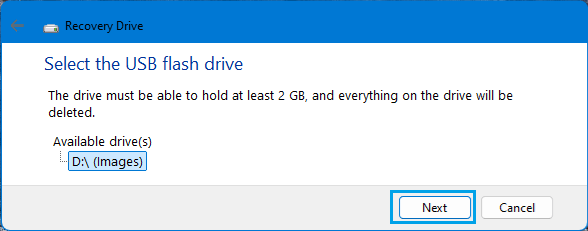 Select USB Drive to Create Windows Recovery Drive