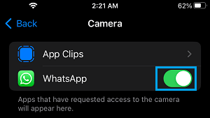 Allow WhatsApp to Access Camera on iPhone