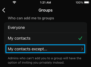 Select My Contacts Except Option in WhatsApp Group Settings