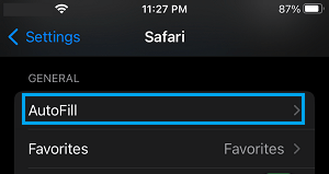 AutoFill Settings Option On Safari Settings Screen on iPhone