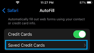 Saved Credit Cards Tab on iPhone Safari AutoFill Screen