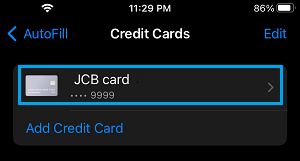 Open Saved Credit Card On iPhone Safari Browser