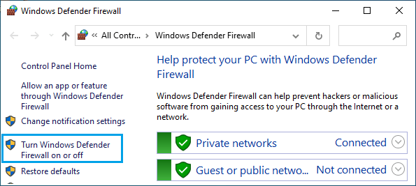 Aktivieren/Deaktivieren Sie Die Windows Defender-Firewall-Option In Der Systemsteuerung