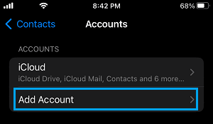 Add Account Option on iPhone Contacts Screen