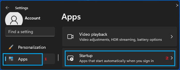 Startup Apps Settings Option in Windows