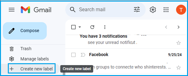 Create New Label Option in Gmail