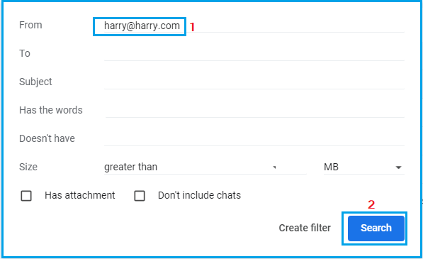 Gmail Search Filter Dialogue Box