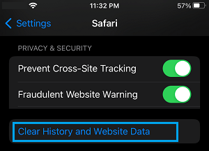 Clear History and Website Data in Safari Browser on iPhone